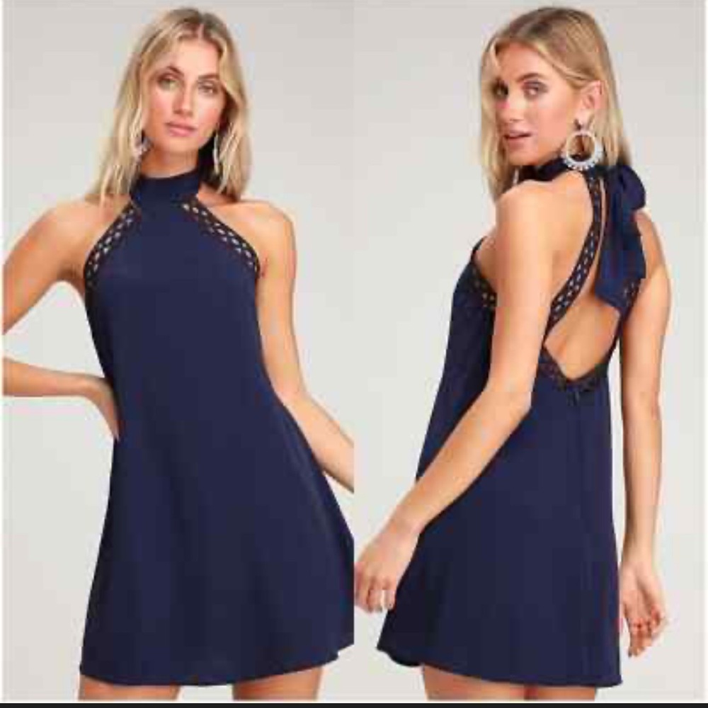 Navy Blue Lace Halter Dress